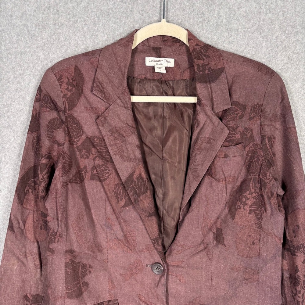 Coldwater Creek Linen Floral Blazer Size 6 Mauve Brown Feminine Artsy‎ Abstract
